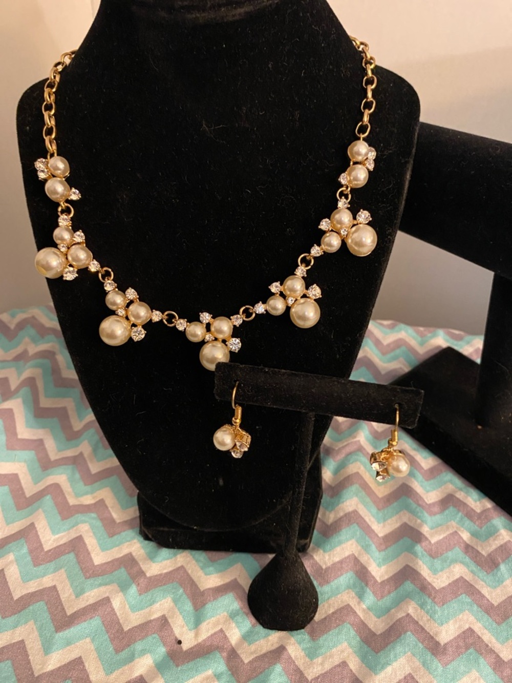 David's Bridal Gold Pearl and Crystal Cluster Necklace with Drop Earrings
